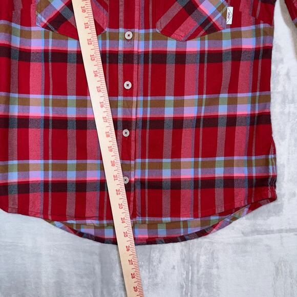 Stio Shirt Women Small Red Multi Plaid Organic Cotton Flannel Long Sleeve - Picture 9 of 11